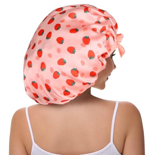 Vettres Hair Bonnet for Sleeping Satin Bonnets Silk Sleep Bonnet Double Layer Satin Bonnet with Tie Strawberries - Thumbnail 3