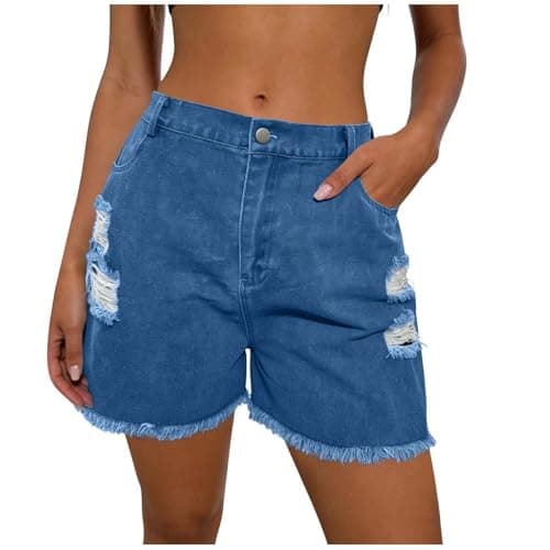 Womens High Waisted Jean Shorts, Stretchy Loose Fit Ripped Wide Leg Distressed Cutoff Hem Women's Denim Shorts, Breathable Casual Summer Short for Women Blue XL - Image 1