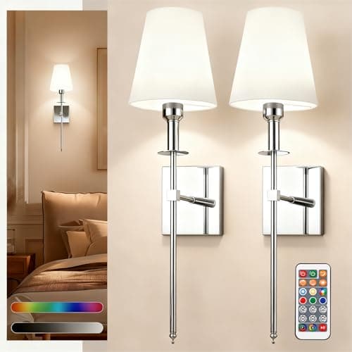 DORESshop Battery Operated Wall Sconce Set of 2, Chrome Rechargeable Wall Lights, Sconce Wall Decor Set of 2, 7 Colors Mode Wireless Sconces for Bedroom Living Room Hallway