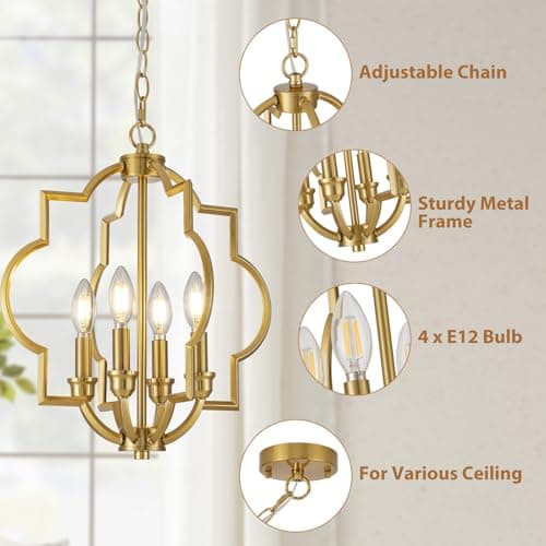 ACANER 4-Light Brushed Gold Chandeliers for Dining Room, 15.6" Farmhouse Geometric Pendant Light Fixture for Entryway Foyer Kitchen Bathroom Over Sink - Thumbnail 3