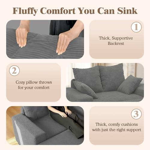 smilesun Luxe Chaise Lounge Chair Indoor with Ottoman, Comfy Faux Fur Plush Oversized Lounge Sofa with 2 Pillows, 64" Modern Upholstered Sleeper Couch Bed for Bedroom (Grey, 57 in) - Thumbnail 4