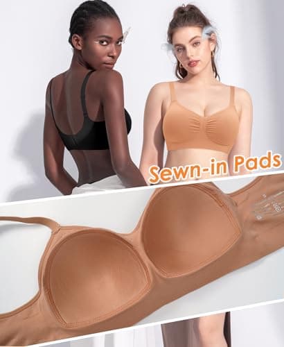 Wireless Sewn in Padded Bras for Women No Underwire T Shirt Bralettes Full Coverage Comfortable Everyday Bra(#01 Latte(Padded),Large) - Thumbnail 3