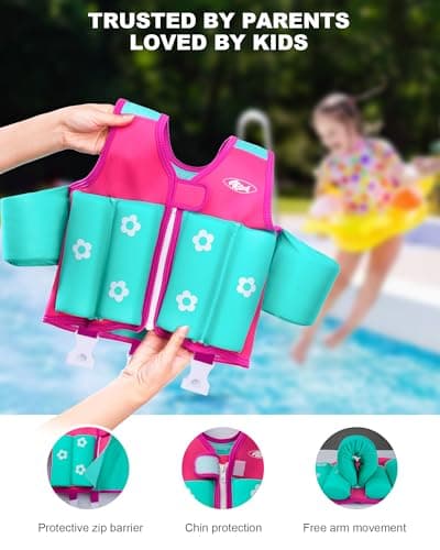 AEOCOO Kids Pool Floaties 1-2-3-5-7-9 Years Old, Toddler Swim Vest 20-30-50-70 Pounds, Comfortable Extended Wear Kids Float Jacket with Crotch Strap, Bright Design and Unpadded Sides, Pink - Thumbnail 6