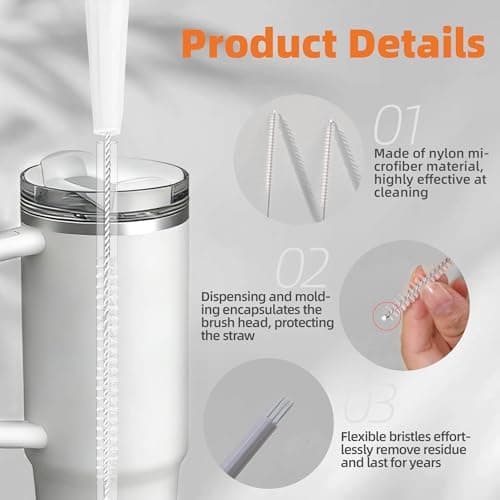 PROOCI Straw Cleaner Brush for Stanley, 2-Pack Multi 3 in 1 Extra Long Straw Cleaning Brush Set for Reusable Straws, Tumblers, Lids, Sippy Cups, Water Bottle, Nipples & Fine Gaps - Orange & Gray - Thumbnail 3
