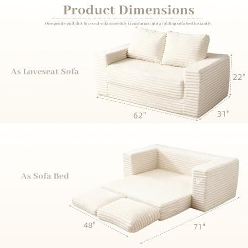 HABUTWAY Convertible Folding Sofa Bed Couch,3 in 1 Pull Out Couch Bed,Loveseat Sleeper Sofa Bed,Boneless Couches with Pillows for Living Room Bedroom, Beige - Thumbnail 2