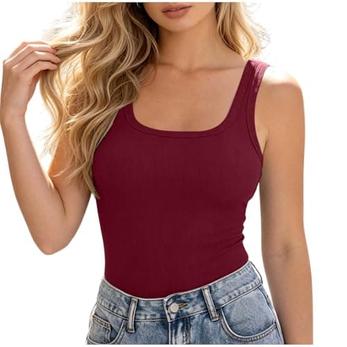Built in Bra Tank Tops for Women, Summer Casual U Neck Ribbed Fitted Sleeveless Shirts 2026 Trendy Ladies Blouses Wine S - Image 1