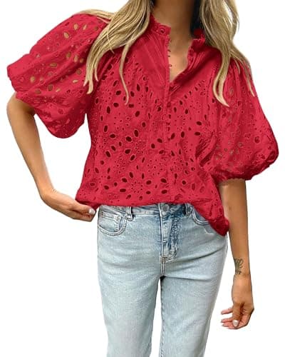 BTFBM Womens Blouses Summer Hollow Out Eyelet Embroidery Tops V Neck Buttons Puff Sleeve Boho Shirts Spring Fashion 2026(Red, Large) - Thumbnail 5