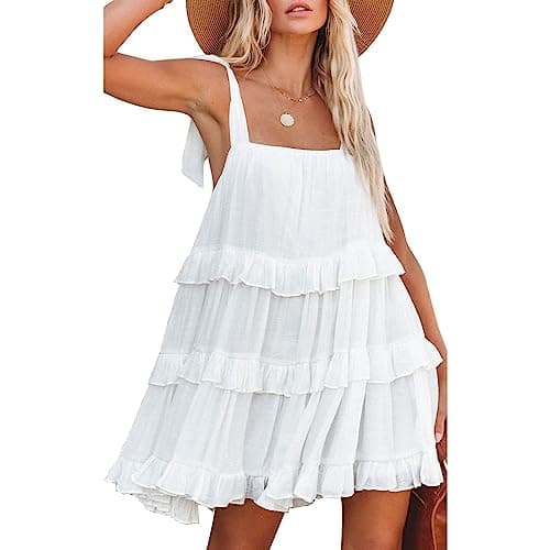materasu Women’s Tiered Ruffle Mini Dress Sleeveless Tie Strap Flowy Summer Dress,Casual Loose Fit Beach Vacation Sundress - Image 1