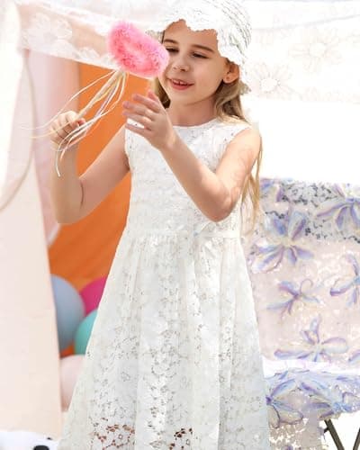 ALLOVIN Girls & Toddlers Sleeveless A-Line Lace Party Dress Birthday Wedding & Flower Girl Dress with Beaded Bowknot | Off-White | 11-12Y - Thumbnail 2