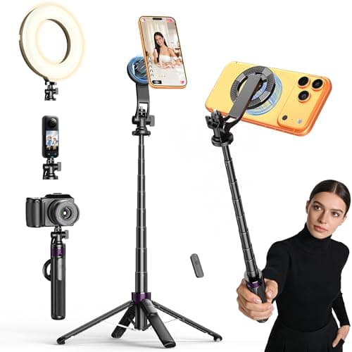 Magnetic Tripod for iPhone with 1/4" Screw, 53" MagSafe Selfie Stick Tripod with Remote, 4-Leg Stable Phone & Camera Tripod for Video Recording, Vlogging, TikTok, Travel, Black - Image 1
