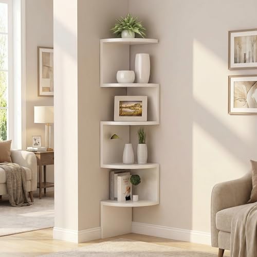 FRAWENLECO No-Drill Corner Shelf Wall Mount, 5-Tier Floating Corner Bookshelf with Hooks, Space-Saving Zigzag Plant Shelf for Bedroom, Living Room, Bathroom, Home Office - Thumbnail 5