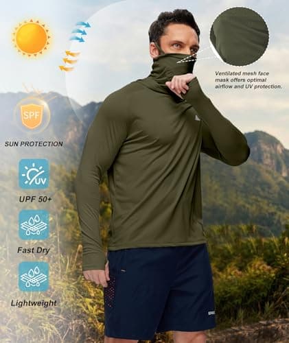 Mask Shirts for Men Long Sleeve Fishing Shirts for Men's Sun Protection Hoodie for Men UV Protection Shirt for Mens Moisture Wicking Pullover Army Green X-Large - Thumbnail 4
