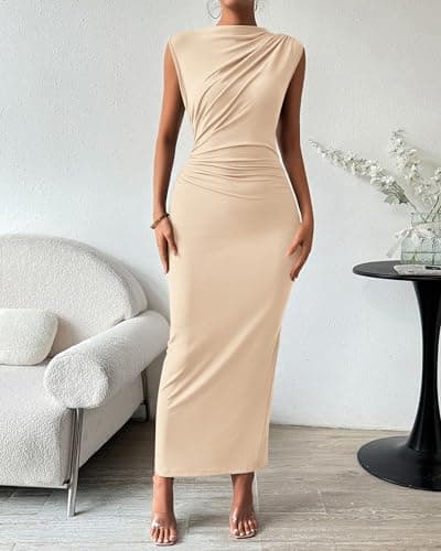 BTFBM Women Ruched Bodycon Maxi Dresses Summer Casual Sleeveless Lightweight Slit Elegant Cocktail Wedding Guest Dress(Beige, Small) - Thumbnail 2