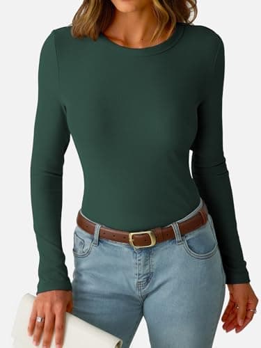 GKBK Womens Long Sleeve Ribbed Tops Fitted Stretch Basic Tee Shirts Casual Crewneck Tight Layering Lightweight Sweaters 2026 Fall Fashion Outfits Dark Green - Thumbnail 3