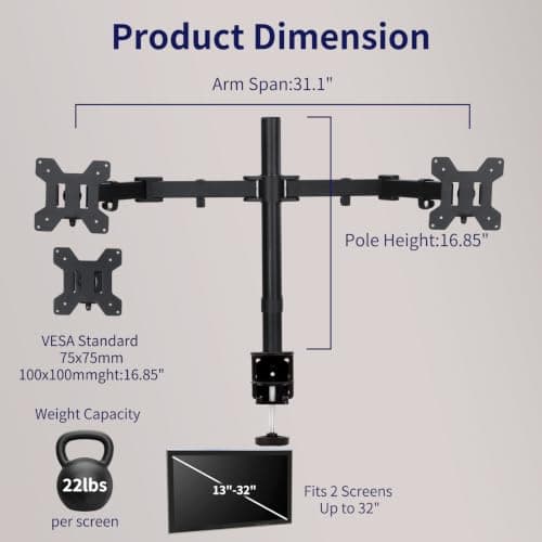 Livotica Dual Monitor Mount, Fully Adjustable Dual Monitor Stand for 13"-32" Screens, Holds up to 22lbs per Arm with C-Clamp & Grommet Base - Thumbnail 3