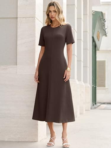 ANRABESS Womens Summer Maxi Dresses Casual Short Sleeve Elegant Classy Vintage 2026 Spring Flowy Cocktail Dress 80s Outfit Brown Small - Thumbnail 4