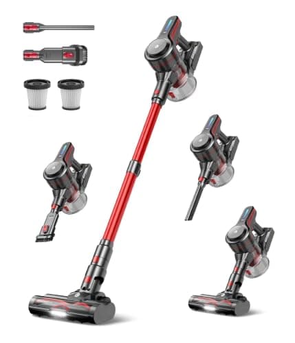 CHEBIO Lightweight Cordless Vacuum Cleaners for Home, Stick Vacuum Cordless Rechargeable with 45kPa Suction,45-Min Run,Anti-Tangle and Self-Stand, 6 in 1 Hardwood Vacuum Cleaner (red) - Image 1