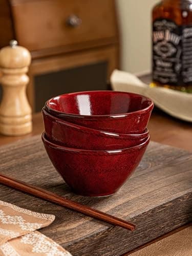 JINNTHE Ceramic Bowls Set of 4-11 OZ Small Bowl Set, Farmhouse Vintage Red Bowls 4.7 Inches Ramekins Bowl for Salad Dessert Yogurt Dipping Ice Cream Fruit Rice- Microwave Dishwasher Safe Retro Red - Thumbnail 3