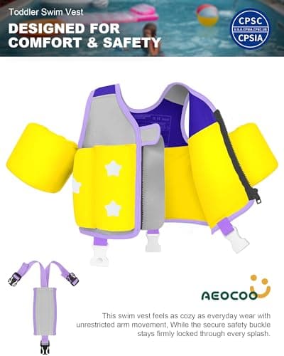 AEOCOO Kids Pool Floaties 1-2-3-5-7-9 Years Old, Toddler Swim Vest 20-30-50-70 Pounds, Comfortable Extended Wear Kids Float Jacket with Crotch Strap, Bright Design and Unpadded Sides, Purple - Thumbnail 2