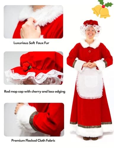 Kofero Mrs. Claus Costume for Women Plus Size Outfit Christmas Adult Santa Dress with Apron Wig and Glasses for Cosplay Party - Thumbnail 5