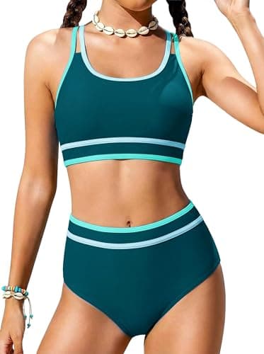 Girls Green Swimsuits Size 10-12 Bathing Suits Two Piece Trajes De Baño para Niñas Green Swim Neon Color Block Sport Bikini Sets for Teens Adjustable Double Straps Top Bottoms Padded Modest Swimwear - Image 1
