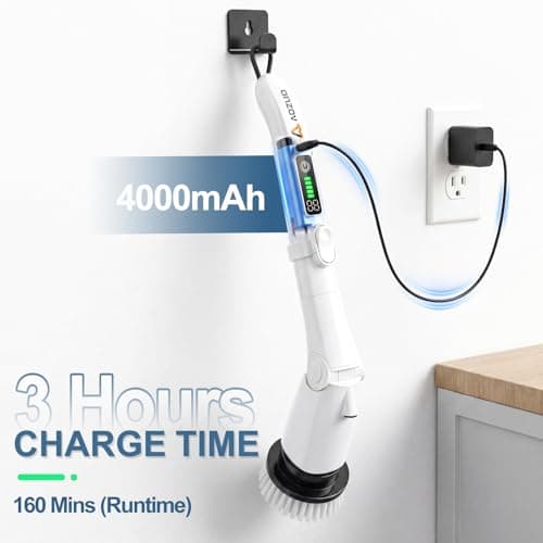 AOZUO Electric Spin Scrubber, Power Cleaning Brush with 3 Speed Modes LED Light, 7 Replaceable Heads Cordless Shower Scrubber, Long Handle Extendable Scrubber for Bathroom, Floor, Tub, Tile, Grout - Thumbnail 6