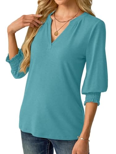 GKBK Womens 3/4 Sleeve Shirts V Neck Dressy Casual Spring Summer Blouses with Smocked Cuffs - Thumbnail 2
