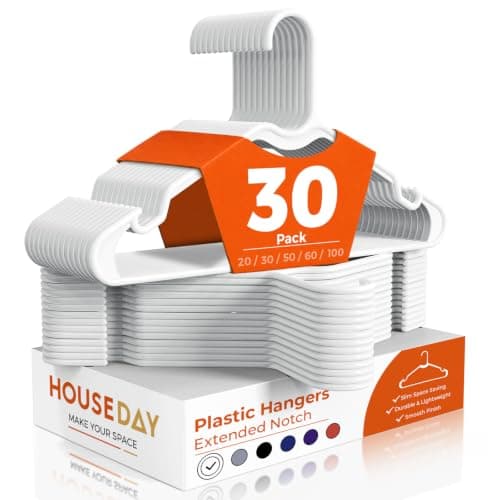 HOUSE DAY White Plastic Hangers 30 Pack, 16.25" Slim Hangers with Non-Slip Extended Notch, Perfect for Plus Size & Curvy Fits, Closet Organization Essential, Space Saving for Dorm Apartment Home - Image 1