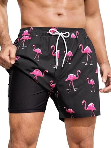 SILKWORLD Mens Swim Trunks Swim Shorts Quick Dry 5 inch Inseam Beach Shorts with Compression Liner and Zipper Pocket, Black Pink Flamingo, Medium - Image 1