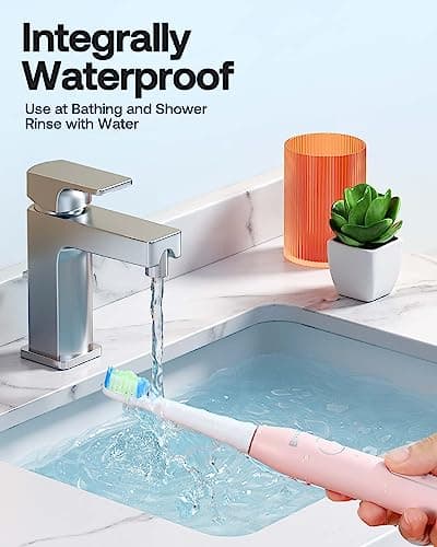 Bitvae Ultrasonic Electric Toothbrush - Rechargeable Sonic Electric Toothbrush for Adults and Kids, Power Toothbrush with Holder, 8 Brush Heads, Smart Timer, Fast Charge, Pink D2 - Thumbnail 6