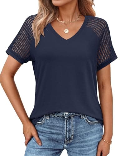 JUSTFASHIONNOW Short Sleeve Blouses for Women Cute Summer Tops Dressy Casual V Neck Tshirts 2026 Trendy Spring Clothes（Navy Blue,X-Large - Thumbnail 2