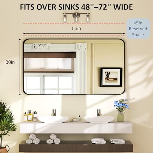 Venlus 55×30 Black Vanity Mirror for Bathroom Sink - Rectangle Aluminum Frame Mirror with Tempered Glass & Rounded Corners for Living Room, Hallway, Horizontal/Vertical, Home Decor - Thumbnail 2