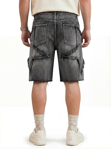 JMIERR Baggy Jeans Shorts for Men Oversized Fit Knee-Length Wide Leg Jorts Y2K Vintage Streetwear Denim Shorts with Star Patches, Gray, X-Small - Thumbnail 4