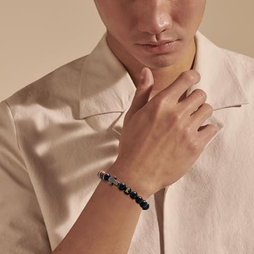 Mens Cross Bead Bracelet with Initials, Christian Rosary Obsidian A-Z Letter Black Onyx Tigers Eye Beaded Bracelet, Faith Religious Easter Catholic Communion Baptism Christmas Jewelry Gift for Men - Thumbnail 2
