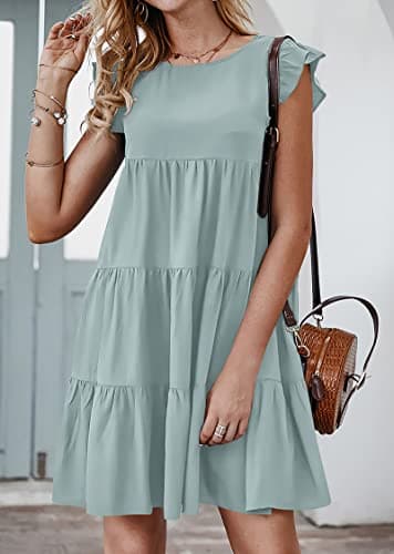 KIRUNDO Women's Dresses 2026 Spring Summer Casual Sleeveless Ruffle Round Neck Solid Loose Short Flowy Tiered Mini Babydoll Dress (Grey Green, Large) - Thumbnail 3