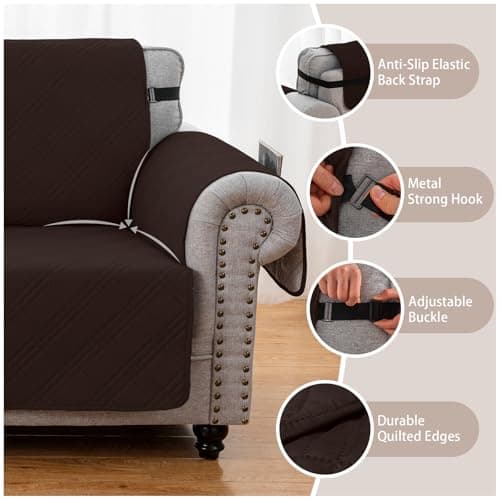 Eusalioy 100% Waterproof Couch Cover for Dogs, Anti-Slip Washable Sofa Cover with Elastic Straps & Side Pockets, Durable Furniture Protector for Kids, Pets & Dogs (Armchair 23", Chocolate) - Thumbnail 5