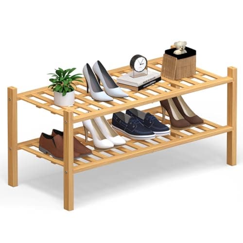 Haddockway 2 Tier Bamboo Shoe Rack Storage Organizer, Multifunctional Free Standing Stackable Shoe Shelf with Grid Panel for Closet,Hallway,Entryway,Small Space 27"x11"x13" - Image 1