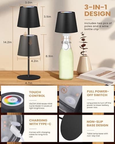 JCHPZR 2 Pack Cordless RGB Table Lamp,Wireless Bottle Lamp,3 Level Dimming & RGB Cycle LED Portable Desk lamp,5000mAh Rechargeable Battery,Waterproof Outdoor,for Bedroom/Bars/Camping(Black) - Thumbnail 4