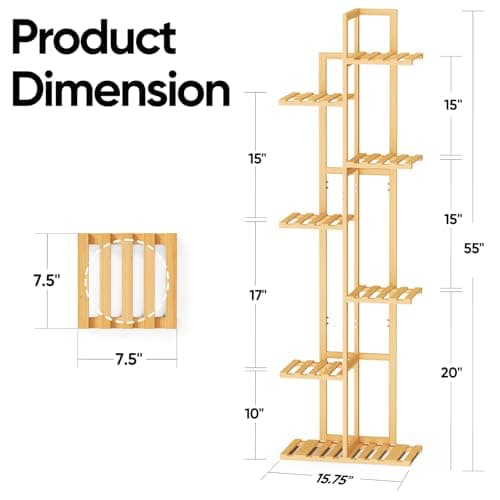 ROSSNY 55 Inch Tall Plant Stand Indoor, 7 Tier 8 Potted Bamboo Plant Stands for Indoor Plants, Corner Plant Stand, Plant Shelf For Indoor, Tiered Plant Stands, Planter Holder for Multiple Plants Indoor, Natural - Thumbnail 2