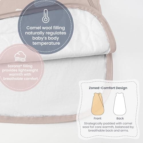 kaiya baby Baby Sleep Sack 18-36 Months 1.0 Tog Sleeveless Sleep Sack Organic Cotton, Regulating Camel Wool Blend Wearable Blanket for Infants 2-Way Zipper Quilted Sleeping Sacks,Gifts for Baby - Thumbnail 3