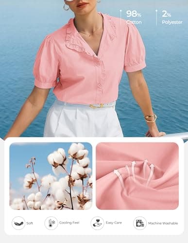 GRACE KARIN Women's 2026 Summer Short Sleeve Tops, Dressy Casual V Neck Blouses, Trendy Button Down Shirts Work Office Pink M - Thumbnail 6