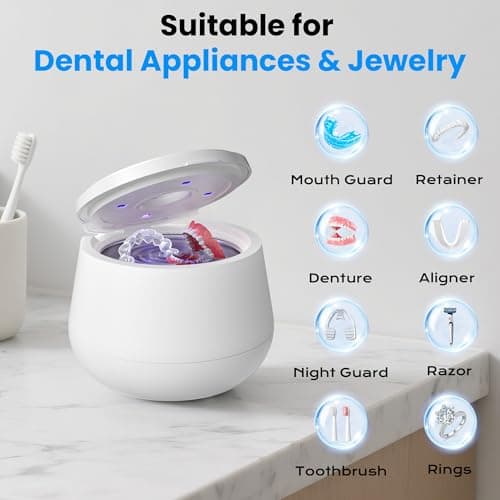 45kHz Ultrasonic Retainer Cleaner, 200ML Dental Cleaning Pod for Dentures, Mouth Guards, Braces, Aligner, Toothbrush Jewelry and More, UV Denture Cleaner with 4 Modes & Digital Timer - White - Thumbnail 6
