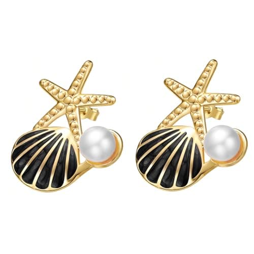 Stainless Steel Starfish & Seashell Summer Beach Earrings for Women, Black - Image 1