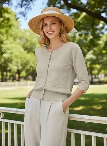 GRACE KARIN 3/4 Sleeve Cardigan Sweaters for Women Button Down Lightweight Summer Cardigan Open Front Crop Jacket Beige XL - Thumbnail 5