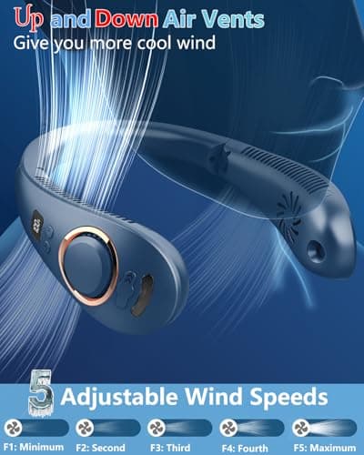 QMKKX Neck Fan with Mist Spray,Bladeless Folding Neck Fans that Blow Cold Air,Portable Necklace Fan Rechargeable Battery Operated Quiet Cooling Device,Wearable Hands Free Fans for Women Men Kids Blue - Thumbnail 3
