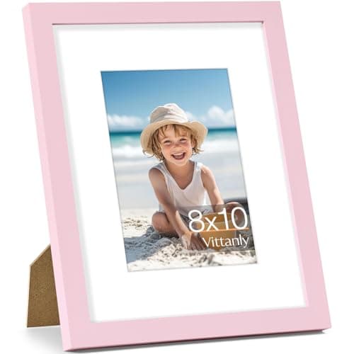 Vittanly 8x10 Picture Frame, Made of Solid Wood and Shatterproof Plexiglass, Display Pictures 5x7 with Mat or 8x10 without Mat, Wooden Photo Frame for Wall Mounting or Tabletop Display, Pink, 1 Pack - Image 1