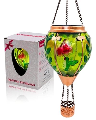 TEYIGARDEN Hot Air Balloon Solar Lantern with Flame, Glass Solar Hanging Lanterns Outdoor Waterproof for Outdoor Garden Decor Yard Patio Tree, Mother's Day Gift (Red Flower Hummingbird) - Image 1