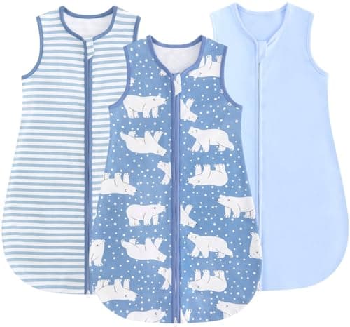 JiAmy Baby Sleep Sack 0.5 TOG Wearable Blanket, 3 Pack Cotton Sleeping Bag with 2-Way Zipper, Blue Polar Bear, 0-6 Months - Image 1