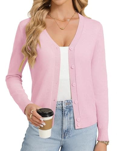 GRACE KARIN Womens Pink Cardigan Sweaters Lightweight Button Up Spring Cardigans Knit Shrug Trendy Summer Outfits L - Image 1