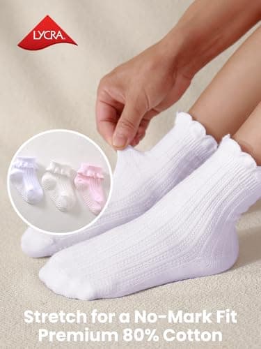 ALLOVIN 6 Pairs Non-Slip Ruffle Lace Socks for Baby & Toddler Girls – Soft Cotton Grip Socks | Pure White | 6-12 Months - Thumbnail 6